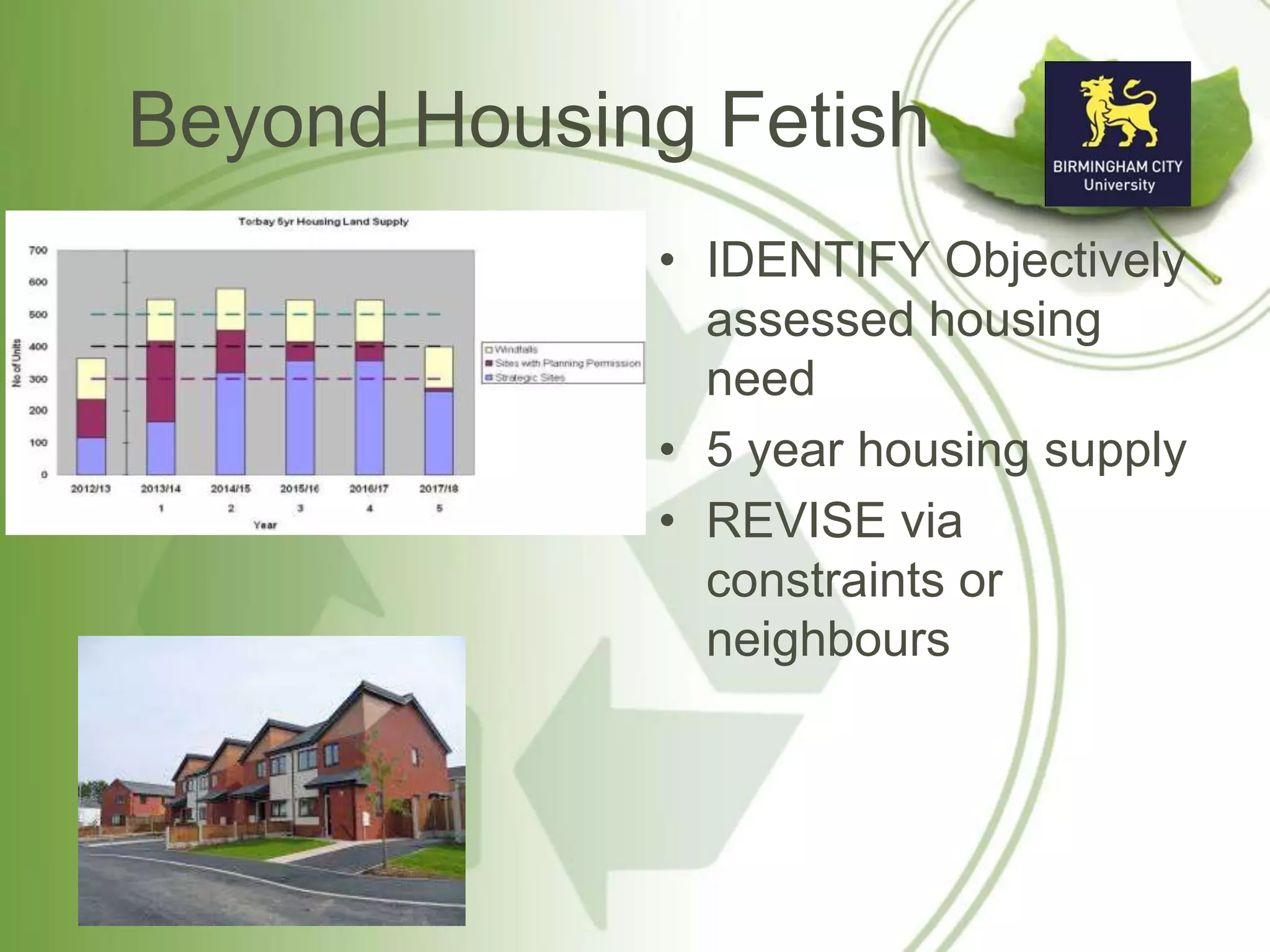 Beyond Housing Fetish
• IDENTIFY Objectively
assessed housing
need
• 5 year housing supply
• REVISE via
constraints or
neighbours
 