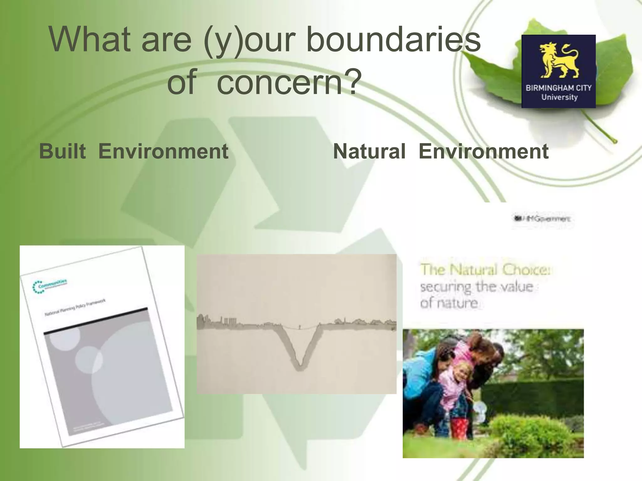 What are (y)our boundaries
of concern?
Built Environment Natural Environment
 