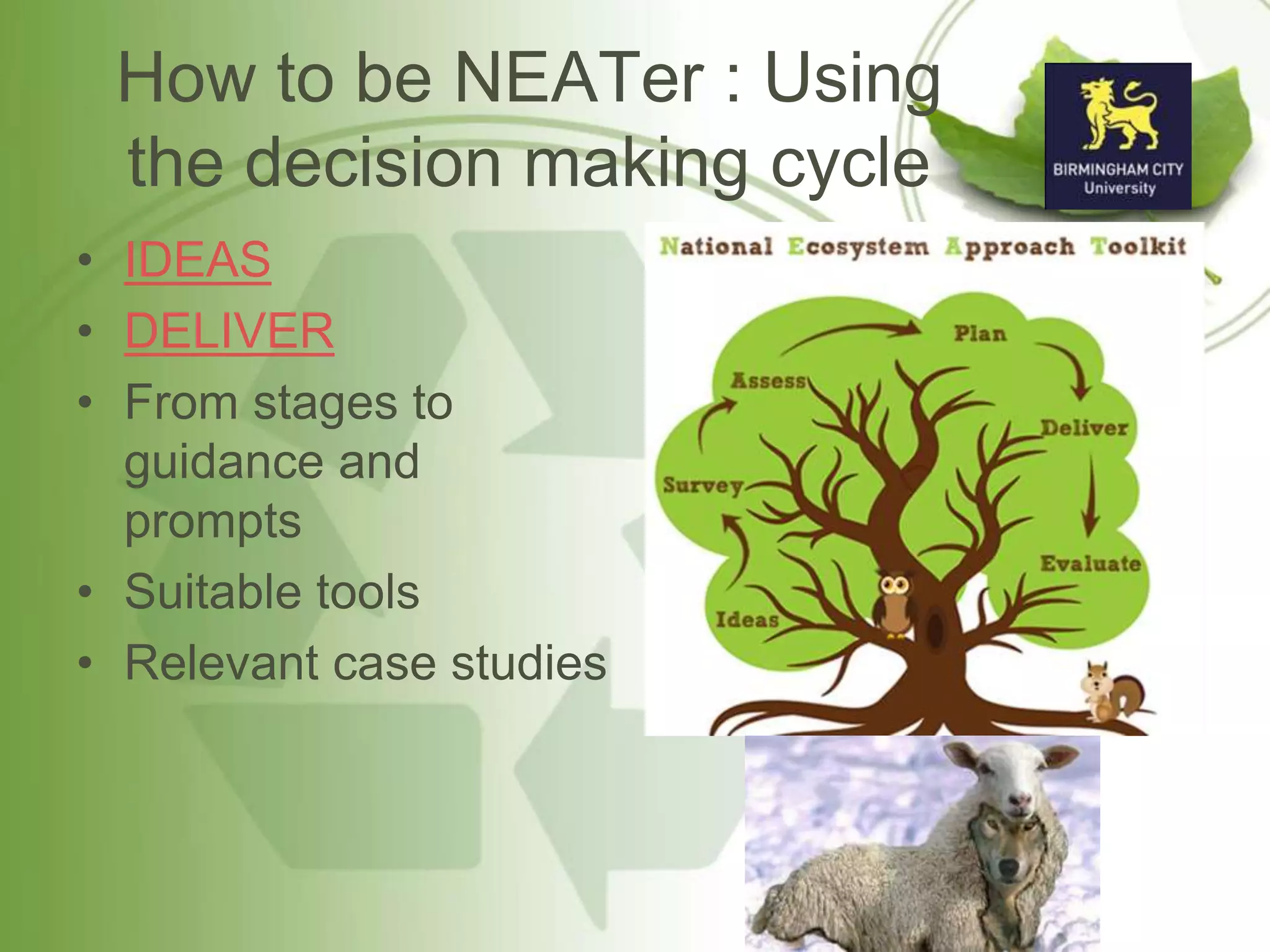 How to be NEATer : Using
the decision making cycle
• IDEAS
• DELIVER
• From stages to
guidance and
prompts
• Suitable tools
• Relevant case studies
 