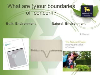 What are (y)our boundaries
of concern?
Built Environment Natural Environment
 