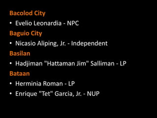 Bacolod City
• Evelio Leonardia - NPC
Baguio City
• Nicasio Aliping, Jr. - Independent
Basilan
• Hadjiman "Hattaman Jim" Salliman - LP
Bataan
• Herminia Roman - LP
• Enrique "Tet" Garcia, Jr. - NUP
 
