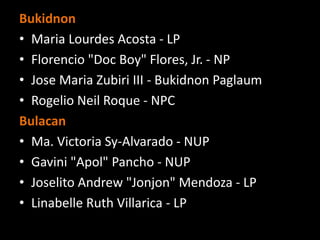 Bukidnon
• Maria Lourdes Acosta - LP
• Florencio "Doc Boy" Flores, Jr. - NP
• Jose Maria Zubiri III - Bukidnon Paglaum
• Rogelio Neil Roque - NPC
Bulacan
• Ma. Victoria Sy-Alvarado - NUP
• Gavini "Apol" Pancho - NUP
• Joselito Andrew "Jonjon" Mendoza - LP
• Linabelle Ruth Villarica - LP
 