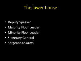 The lower house
• Deputy Speaker
• Majority Floor Leader
• Minority Floor Leader
• Secretary General
• Sergeant-at-Arms
 