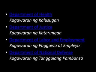 • Department of Health
Kagawaran ng Kalusugan
• Department of Justice
Kagawaran ng Katarungan
• Department of Labor and Employment
Kagawaran ng Paggawa at Empleyo
• Department of National Defense
Kagawaran ng Tanggulang Pambansa
 