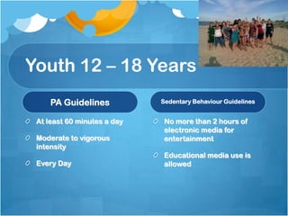 Youth 12 – 18 Years
PA Guidelines
At least 60 minutes a day
Moderate to vigorous
intensity
Every Day

Sedentary Behaviour Guidelines

No more than 2 hours of
electronic media for
entertainment
Educational media use is
allowed

 