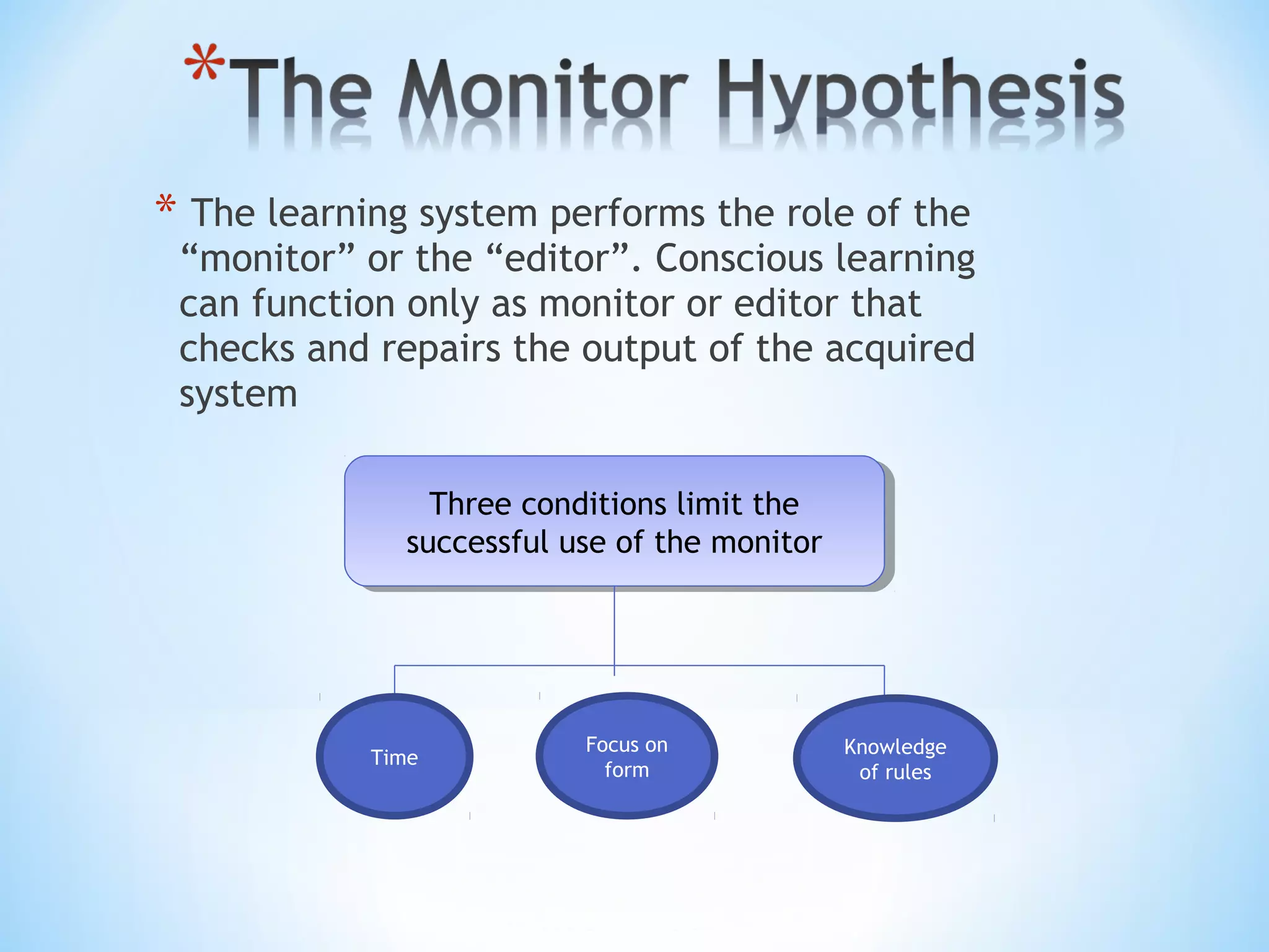 * The learning system performs the role of the

“monitor” or the “editor”. Conscious learning
can function only as monitor or editor that
checks and repairs the output of the acquired
system
Three conditions limit the
Three conditions limit the
successful use of the monitor
successful use of the monitor

Time

Focus on
form

Knowledge
of rules

 