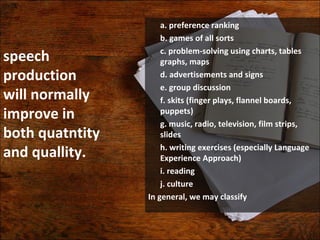 speech
production
will normally
improve in
both quatntity
and quallity.
a. preference ranking
b. games of all sorts
c. problem-solving using charts, tables
graphs, maps
d. advertisements and signs
e. group discussion
f. skits (finger plays, flannel boards,
puppets)
g. music, radio, television, film strips,
slides
h. writing exercises (especially Language
Experience Approach)
i. reading
j. culture
In general, we may classify
 