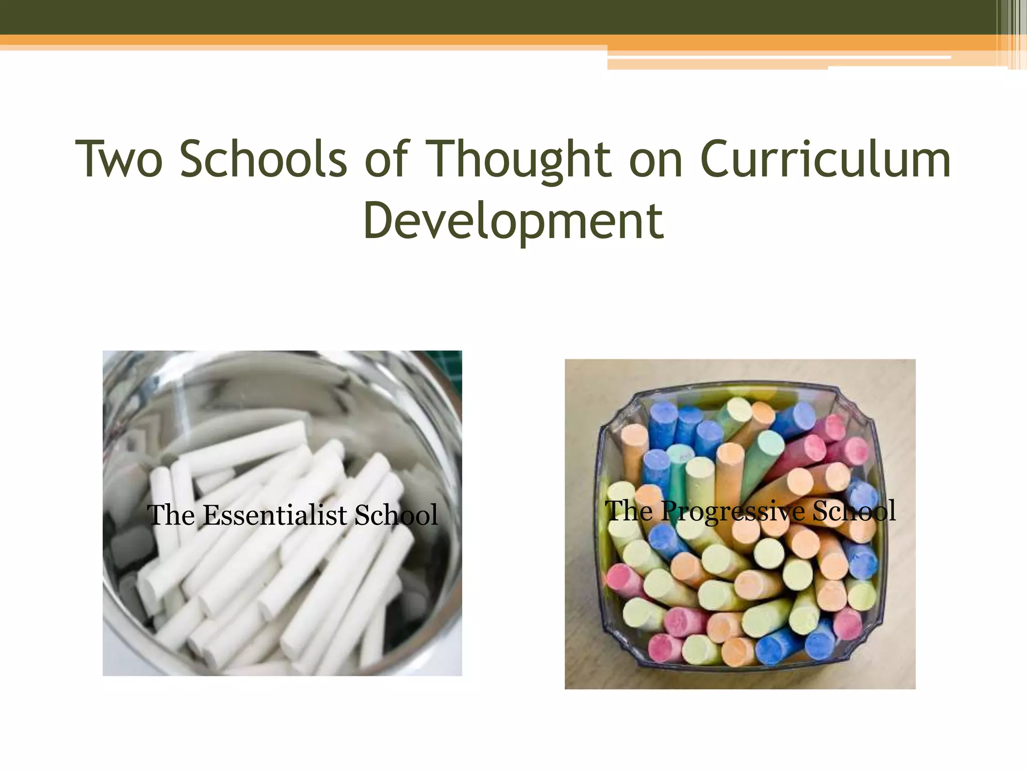 Two Schools of Thought on Curriculum
Development
The Essentialist School The Progressive School
 