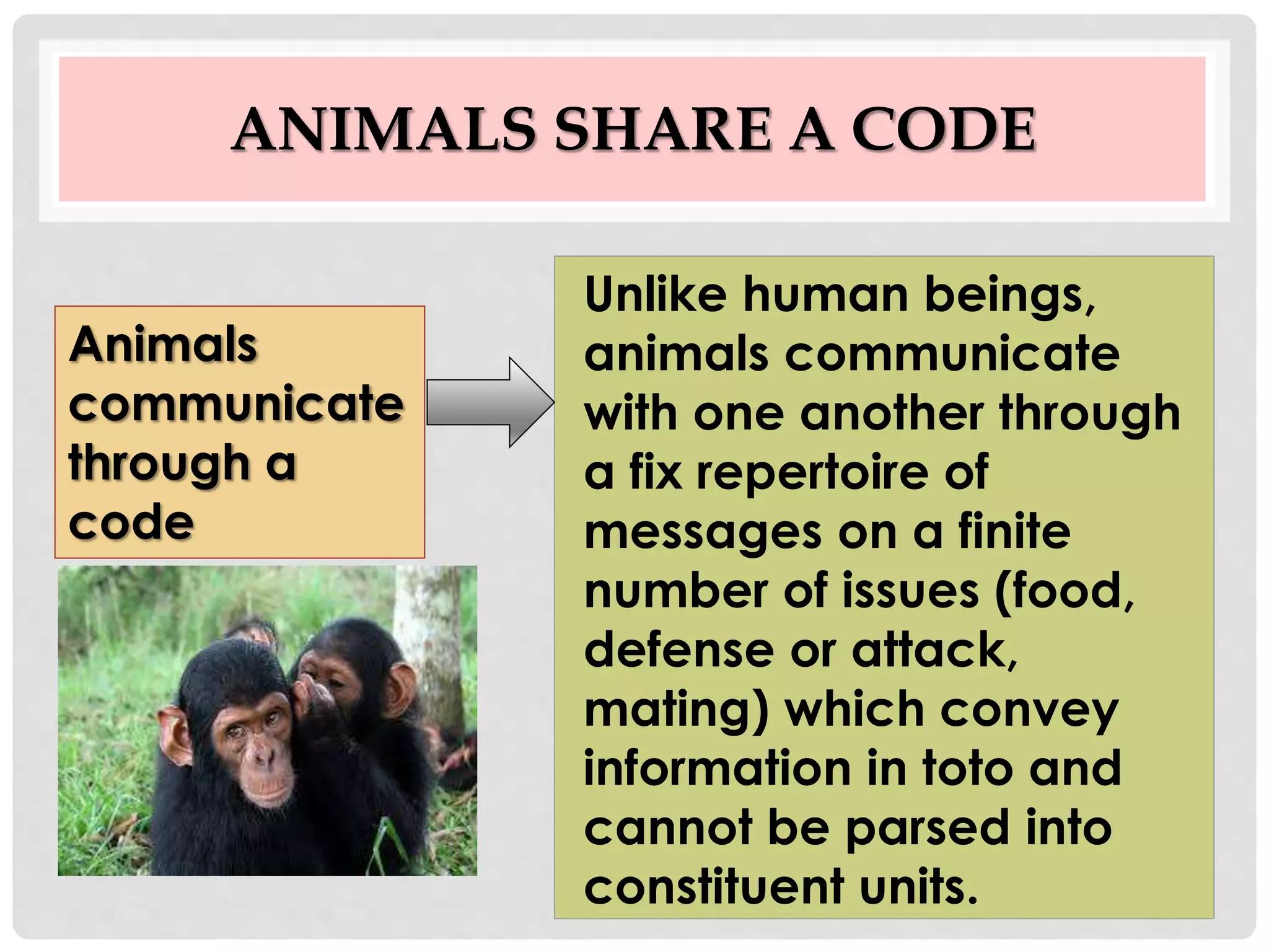 ANIMALS SHARE A CODE
Unlike human beings,
animals communicate
with one another through
a fix repertoire of
messages on a finite
number of issues (food,
defense or attack,
mating) which convey
information in toto and
cannot be parsed into
constituent units.
Animals
communicate
through a
code
 