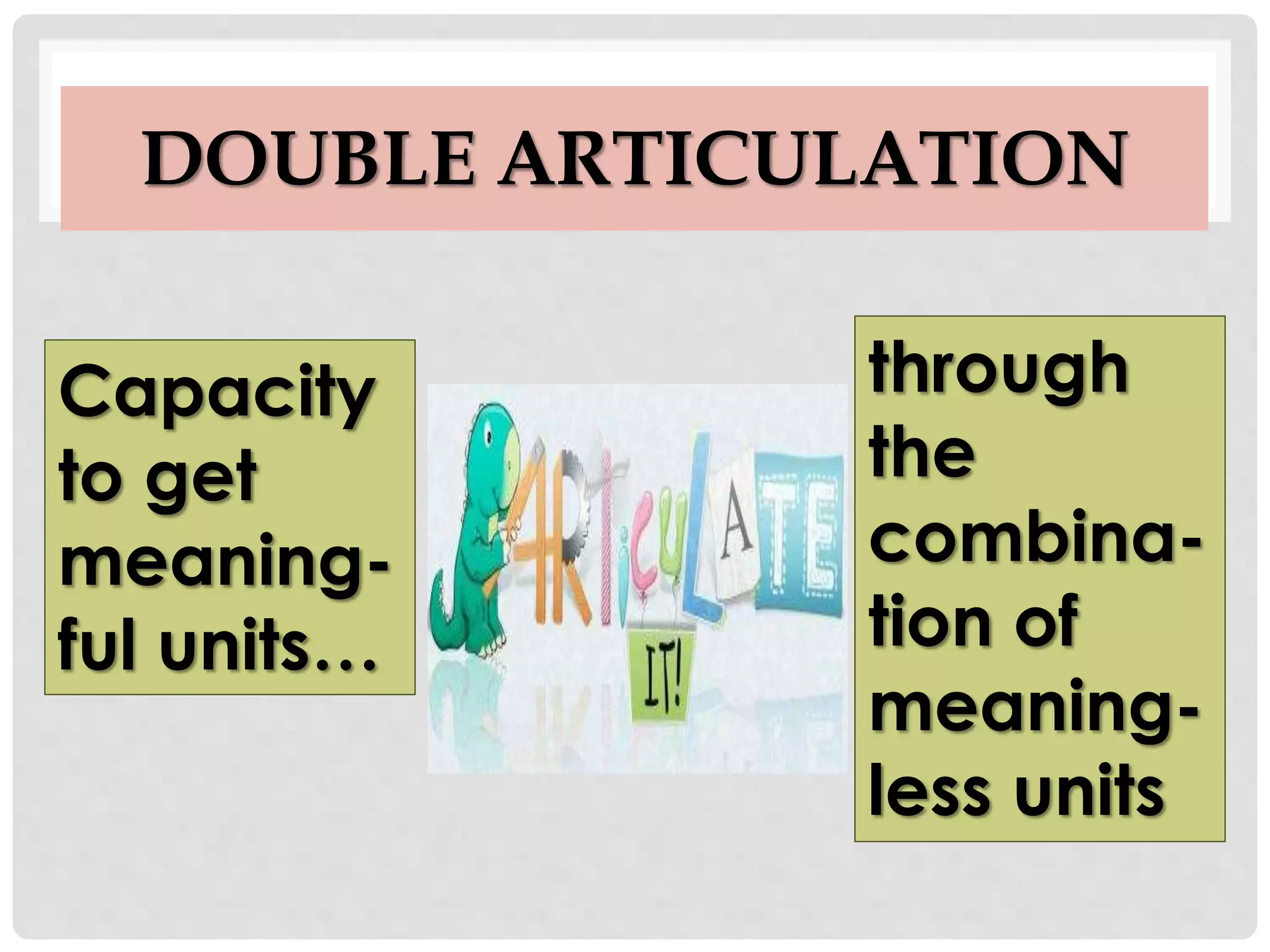 DOUBLE ARTICULATION
Capacity
to get
meaning-
ful units…
through
the
combina-
tion of
meaning-
less units
 
