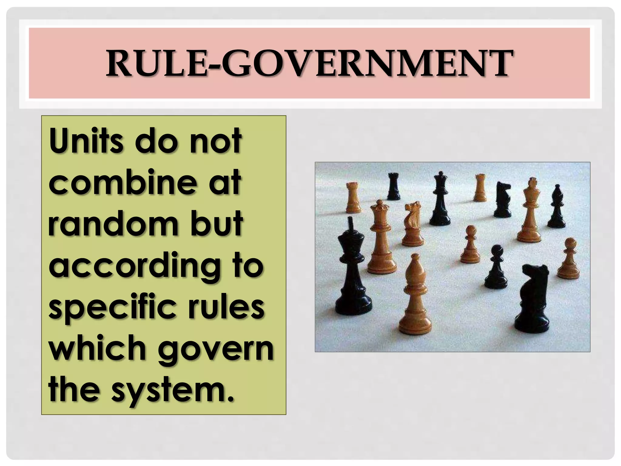RULE-GOVERNMENT
Units do not
combine at
random but
according to
specific rules
which govern
the system.
 