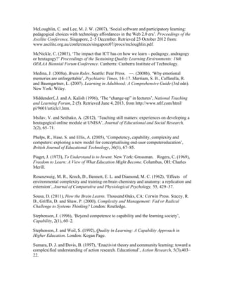 McLoughlin, C. and Lee, M. J. W. (2007), ‘Social software and participatory learning:
pedagogical choices with technology affordances in the Web 2.0 era’. Proceedings of the
Ascilite Conference, Singapore, 2–5 December. Retrieved 23 October 2012 from:
www.ascilite.org.au/conferences/singapore07/procs/mcloughlin.pdf.
McNickle, C. (2003), ‘The impact that ICT has on how we learn – pedagogy, andragogy
or heutagogy?’ Proceedings of the Sustaining Quality Learning Environments: 16th
ODLAA Biennial Forum Conference. Canberra: Canberra Institute of Technology.
Medina, J. (2008a), Brain Rules. Seattle: Pear Press.  —. (2008b), ‘Why emotional
memories are unforgettable’, Psychiatric Times, 14–17. Merriam, S. B., Caffarella, R.
and Baumgartner, L. (2007). Learning in Adulthood: A Comprehensive Guide (3rd edn).
New York: Wiley. 
Middendorf, J. and A. Kalish (1996), ‘The “change-up” in lectures’, National Teaching
and Learning Forum, 2 (5). Retrieved June 4, 2013, from http://www.ntlf.com/html/
pi/9601/article1.htm. 
Msilav, V. and Setihako, A. (2012), ‘Teaching still matters: experiences on developing a
heutagogical online module at UNISA’, Journal of Educational and Social Research,
2(2), 65–71. 
Phelps, R., Hase, S. and Ellis, A. (2005), ‘Competency, capability, complexity and
computers: exploring a new model for conceptualising end-user computereducation’,
British Journal of Educational Technology, 36(1), 67–85. 
Piaget, J. (1973), To Understand is to Invent. New York: Grossman.  Rogers, C. (1969),
Freedom to Learn: A View of What Education Might Become. Columbus, OH: Charles
Merill.
Rosenzweig, M. R., Krech, D., Bennett, E. L. and Diamond, M. C. (1962), ‘Effects  of
environmental complexity and training on brain chemistry and anatomy: a replication and
extension’, Journal of Comparative and Physiological Psychology, 55, 429–37.
Sousa, D. (2011), How the Brain Learns. Thousand Oaks, CA: Corwin Press. Stacey, R.
D., Griffin, D. and Shaw, P. (2000), Complexity and Management: Fad or Radical
Challenge to Systems Thinking? London: Routledge. 
Stephenson, J. (1996), ‘Beyond competence to capability and the learning society’,
Capability, 2(1), 60–2. 
Stephenson, J. and Weil, S. (1992), Quality in Learning: A Capability Approach in
Higher Education. London: Kogan Page. 
Sumara, D. J. and Davis, B. (1997), ‘Enactivist theory and community learning: toward a
complexified understanding of action research. Educational’, Action Research, 5(3),403–
22. 
 