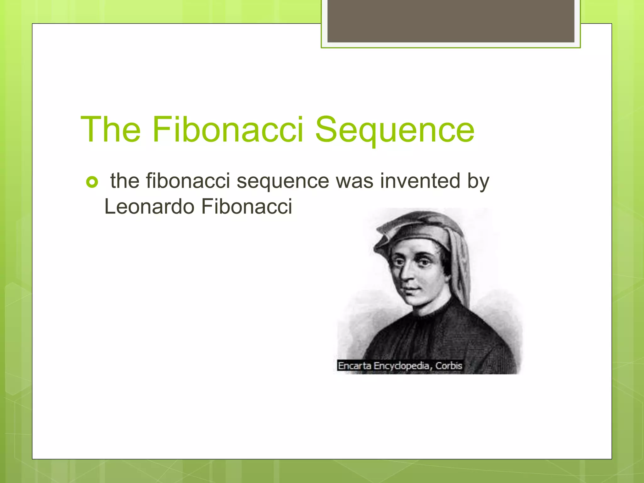 The Fibonacci Sequence
the fibonacci sequence was invented by
Leonardo Fibonacci