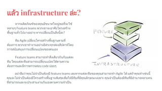 แลว infrastructure ละ?
หากผลิตภัณฑของคุณมีขนาดใหญพอที่จะใช
หลายๆ Feature teams พวกเขาจะอาศัยโครงสราง
พื้นฐานทั่วไปบางอยาง หากเปลี่ยนเปนสิ่งนี้ละ?
ทีม Agile เปลี่ยนโครงสรางพื้นฐานตามที่
ตองการ พวกเขาทํางานอยางอิสระทุกสองสัปดาหโดย
การสนับสนุนการเปลี่ยนแปลงของตนเอง
Feature teams สามารถทําสิ่งเดียวกันกับแตละ
ทีม โดยแตละทีมสามารถเปลี่ยนแปลงไดตามความ
ตองการและมีการตรวจสอบ code บอยๆ
อยาลืมวาคุณไมจําเปนตองมี feature teams เลยหากแตละทีมของคุณสามารถทํา Agile ได แตถาคุณทําเชนนี้
คุณจะไมจําเปนตองมีโครงสรางพื้นฐานพิเศษเพื่อใหมีทีมที่มีคุณลักษณะเฉพาะ คุณจําเปนตองมีทีมที่มีอํานาจหลายคน
ที่สามารถและจะประสานงานกันเองตามความจําเปน
 