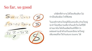 So far, so good
บริษัทที่ทํางานไดโดยทีมเดียวไม
จําเปนตองมีอะไรที่พิเศษ
ในองคกรสวนใหญที่ฉันเคยเห็น สวนใหญ
จะทําโดยทีมงานเดียวกันแลวในไมกี่ปที่
ผานมาฉันไดเห็นผลิตภัณฑที่มีการ
ผสมผสานเขาดวยกันและมีขนาดใหญ
เพียงพอที่จะใช feature teams ได
 