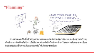 “Planning”
การวางแผนเปนสิ่งสําคัญ เราจะวางแผนแคคราวๆแตจะไมลงรายละเอียดวาอะไรจะ
เกิดขึ้นและเกิดขึ้นเมื่อไหร เมื่อถึงเวลาคอยตัดสินใจวาจะทําอะไรตอ การที่ลงรายละเอียด
ตอนวางแผนเปนการเสียเวลาและกอใหเกิดความเครียด
 