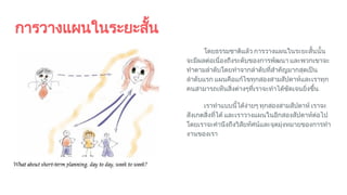 การวางแผนในระยะสั้น
โดยธรรมชาติแลว การวางแผนในระยะสั้นนั้น
จะมีผลตอเนื่องถึงระดับของการพัฒนา และพวกเขาจะ
ทําตามลําดับโดยทําจากลําดับที่สําคัญมากสุดเปน
ลําดับแรก แผนคือแกไขทุกสองสามสัปดาหและเราทุก
คนสามารถเห็นสิ่งตางๆที่เราจะทําไดชัดเจนยิ่งขึ้น
เราทําแบบนี้ไดงายๆ ทุกสองสามสัปดาห เราจะ
สังเกตสิ่งที่ได และเราวางแผนในอีกสองสัปดาหตอไป
โดยเราจะคํานึงถึงวิสัยทัศนและจุดมุงหมายของการทํา
งานของเรา
 