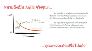 หมายถึงเปน Agile จริงๆนะ...
ทีม Agile ที่ชํานาญหลังจากเจอขอผิดพลาด เมื่อ
เริ่มตนใชงานทําใหเกิด features ที่สอดคลองกันและ
ทําใหขอบกพรองอยูในระดับที่ตํ่ากวาทีมเดียวกัน
ทีม Agile ที่ชํานาญอยางเห็นไดชัด พวกเขาได
รับสิ่งที่ทําอยางแทจริงในจังหวะที่สอดคลองและ
สามารถคาดเดาได หากทีมงานของคุณทําตามนั้น
… คุณอาจจะทําเสร็จไปแลว
 