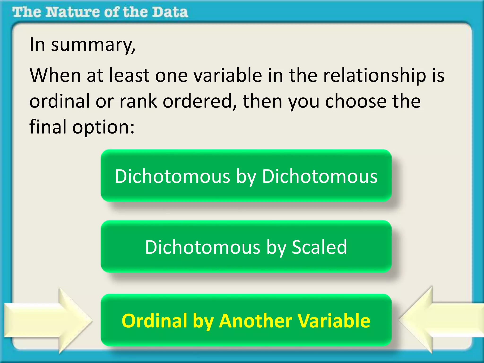 In summary, 
When at least one variable in the relationship is 
ordinal or rank ordered, then you choose the 
final option: 
Dichotomous by Dichotomous 
Dichotomous by Scaled 
Ordinal by Another Variable 
 