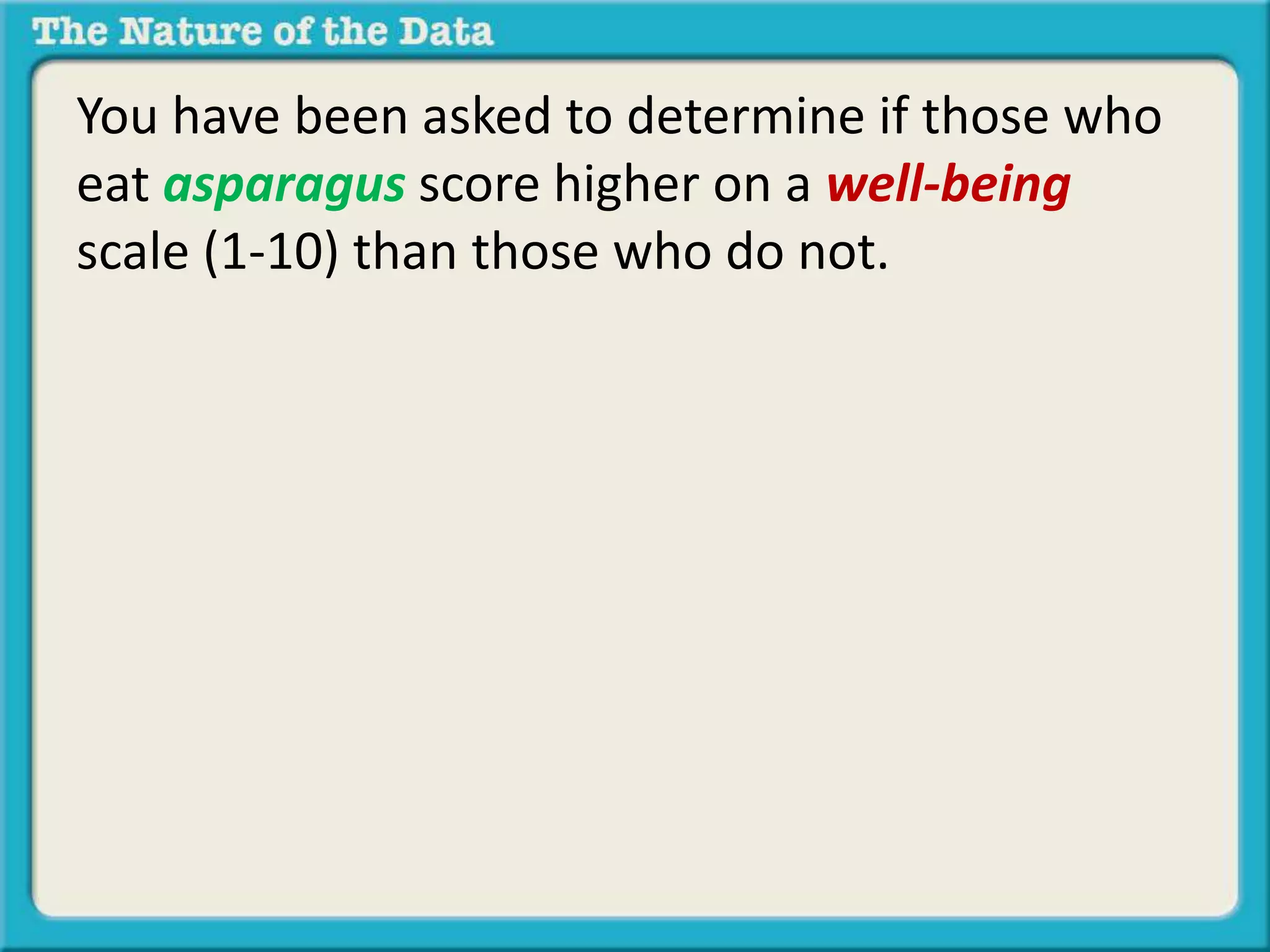 You have been asked to determine if those who 
eat asparagus score higher on a well-being 
scale (1-10) than those who do not. 
 