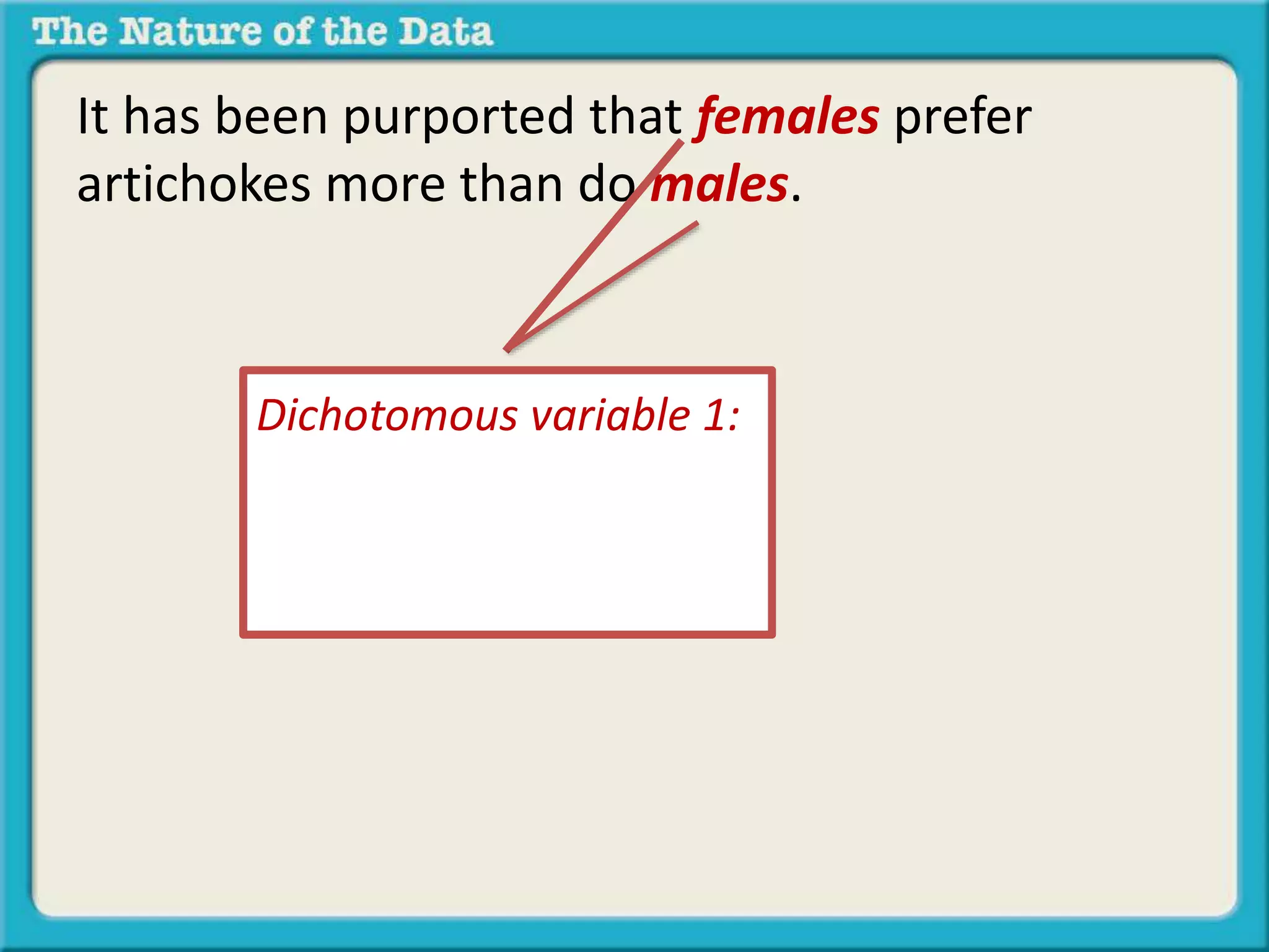 It has been purported that females prefer 
artichokes more than do males. 
Dichotomous variable 1: 
Gender 
(1)Male 
(2)Female 
 