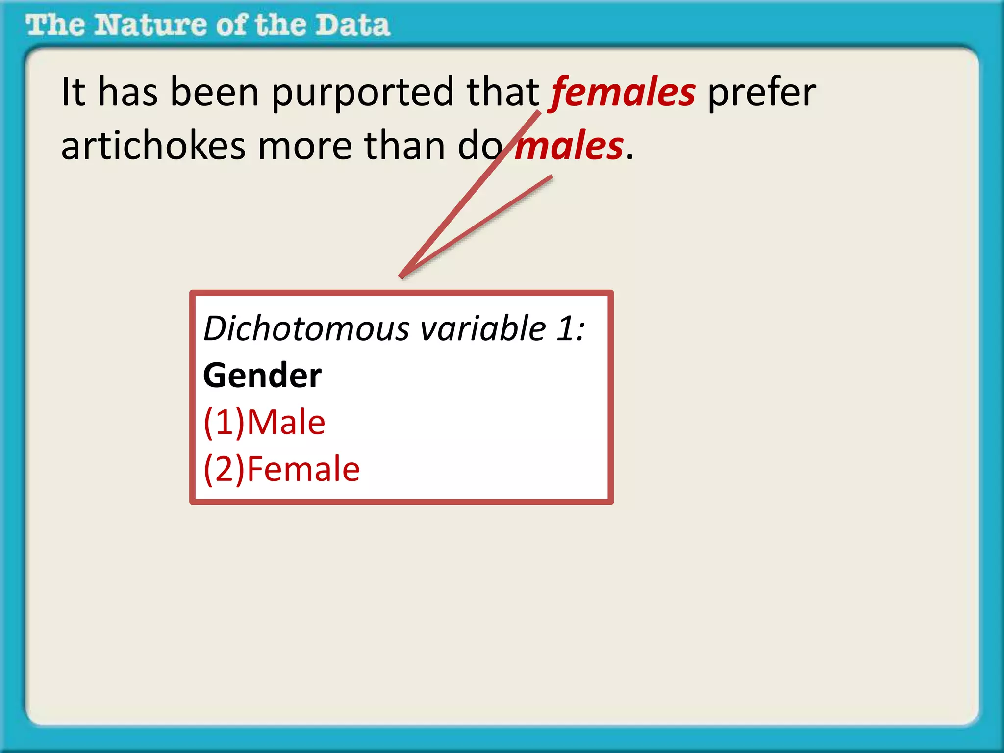 It has been purported that females prefer 
artichokes more than do males. 
Dichotomous variable 1: 
Gender 
(1)Male 
(2)Female 
 