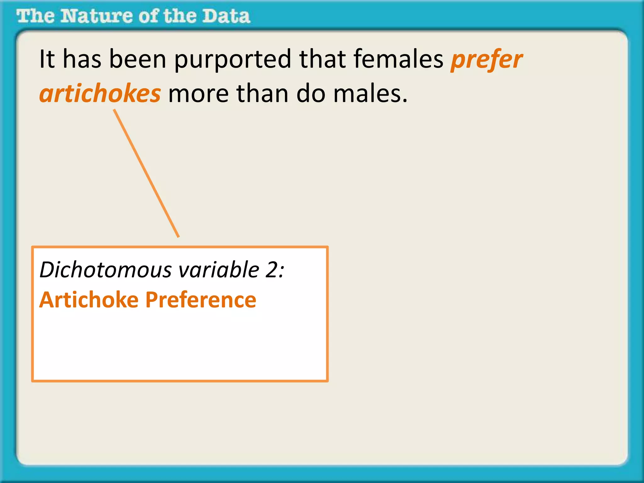 It has been purported that females prefer 
artichokes more than do males. 
Dichotomous variable 2: 
Artichoke Preference 
(1)Prefer Artichokes 
(2)Do not prefer Artichokes 
 