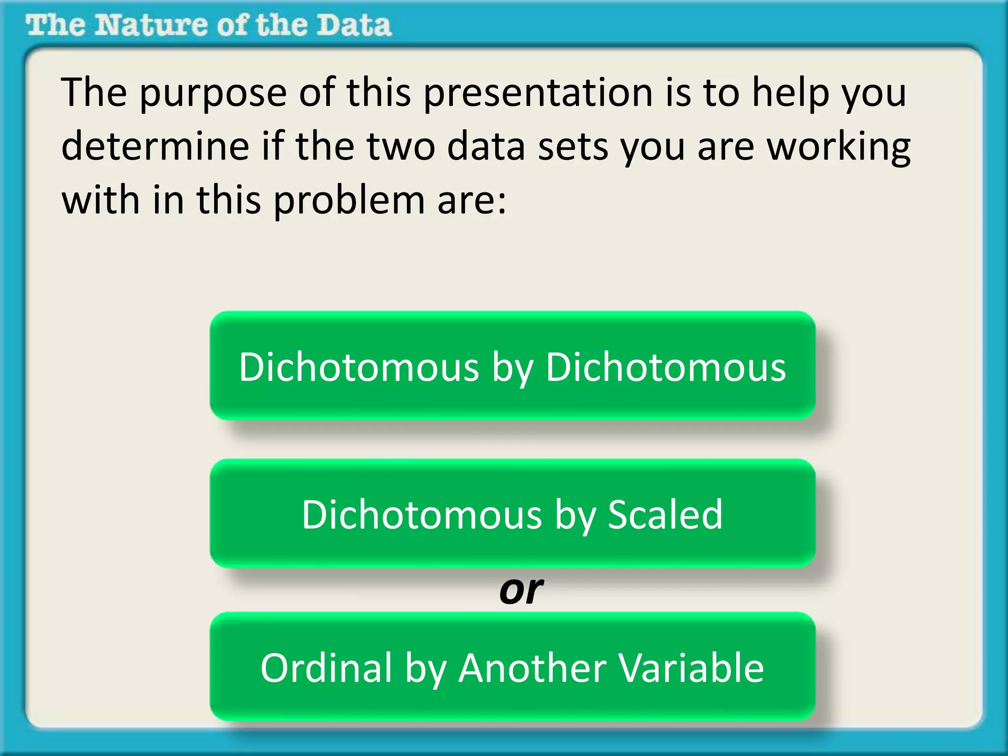 The purpose of this presentation is to help you 
determine if the two data sets you are working 
with in this problem are: 
Dichotomous by Dichotomous 
Dichotomous by Scaled 
or 
Ordinal by Another Variable 
 