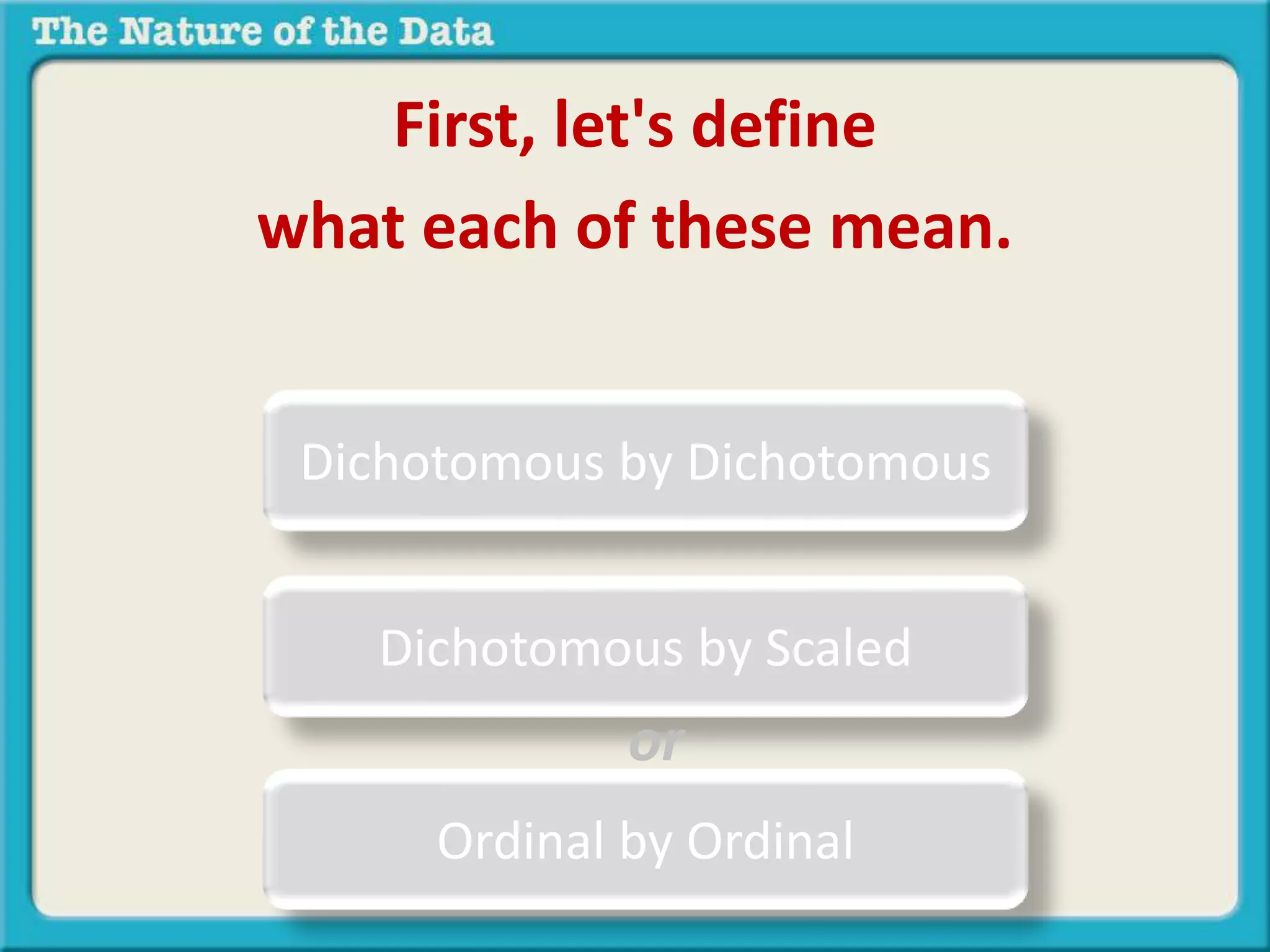 First, let's define 
what each of these mean. 
Dichotomous by Dichotomous 
Dichotomous by Scaled 
or 
Ordinal by Ordinal 
 