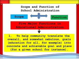 Scope and Function of
        School Administration

    Scope                 function

       Five Major Functions in
     Educational Administration

  1.   To help community translate the
 overall, and somewhat nebulous, goals
 (education for all, for example) into
concrete and achievable goal and plans
   (for a given school for instance).
 
