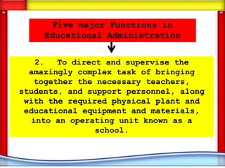 Five major Functions in
     Educational Administration


    2.   To direct and supervise the
  amazingly complex task of bringing
    together the necessary teachers,
students, and support personnel, along
 with the required physical plant and
 educational equipment and materials,
   into an operating unit known as a
                 school.
 
