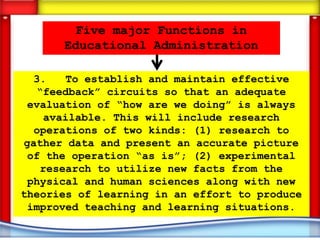 Five major Functions in
      Educational Administration

  3.    To establish and maintain effective
   “feedback” circuits so that an adequate
 evaluation of “how are we doing” is always
     available. This will include research
  operations of two kinds: (1) research to
gather data and present an accurate picture
 of the operation “as is”; (2) experimental
    research to utilize new facts from the
 physical and human sciences along with new
theories of learning in an effort to produce
 improved teaching and learning situations.
 