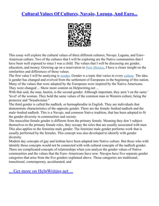 Cultural Values Of Cultures, Navajo, Laguna, And Euro...
This essay will explore the cultural values of three different cultures; Navajo, Laguna, and Euro–
American culture. Two of the cultures that I will be exploring are the Native communities that I
have been well exposed to since I was a child. The values that I will be discussing are gender,
education, and money. Growing up on a reservation in New Mexico, I have a closer insight on the
similarities and differences of those values.
The first value I will be analyzing is gender. Gender is a topic that varies in every culture. The idea
is gender has changed and evolved from the settlement of Europeans in the beginning of this nation.
Many of the values that were adopted by the Europeans were inspired by the Native Americans.
They were changed ... Show more content on Helpwriting.net ...
With that said, the man, hastiin, is the second gender. Although important, they aren 't on the same '
'level' of the woman. They hold the same values of the common man in Western culture, being the
protector and "breadwinner."
The third gender is called the nadleeh, or hermaphrodite in English. They are individuals that
demonstrate characteristics of the opposite gender. There are the female–bodied nadleeh and the
male–bodied nadleeh. This is a Navajo, and common Native tradition, that has been adopted to fit
the gender diversity in communities and society.
The masculine female gender is different from the primary female. Meaning they don 't subject
themselves to the primary female roles, they occupy the roles that are usually associated with men.
This also applies to the feminine male gender. The feminine male gender performs work that is
usually performed by the females. This concept was also developed to identify with gender
diversity.
Modern day concepts of gay and lesbian have been adapted into Native culture. But those who with
identify those concepts would not be connected with with cultural concepts of the nadleeh gender.
There are complicated concepts of relationships when you analyze the gender values of Native
communities and the values that the Euro–Americans have now. Navajos have five separate gender
categories that arise from the five genders explained above. Those categories are traditional,
transitional, contemporary, acculturated, and
... Get more on HelpWriting.net ...
 