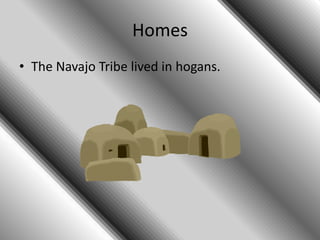 Homes
• The Navajo Tribe lived in hogans.
 