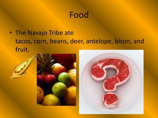 Food
• The Navajo Tribe ate
  tacos, corn, beans, deer, antelope, bison, and
  fruit.
 