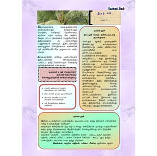 இ த ழ் 4 0
பக்கம் 16
இத்தரவுதைத்ரத ரவத்துக்தகாண்டு
கற்பிக்கும்ளபாதும் கற்கும்ளபாதும்
தமாழிரய எளிதாவும் ததளிவாகவும்,
கற்பிக்க, கற்க வாய்ப்பு மிக அதிகம்.
ளமலும், பாடப் புத்தகங்கள் எழுதுளவார்க்கு
இத்தரவுத்தைம் பல வரககளிலும்
பயனுள்ைதாக அரமயும். இக்கட்டுரரயில்
அரமந்துள்ை தெய்திகரைக் கணினியின்
வழி அறிகின்றளபாளத முழுரமயாக அறிய
முடியும்.
தரவுத்தைத்தின் பல்ளவறு பயன்பாடுகரை
இக்கட்டுரரயில் விைக்குவதற்குப்
பயன்பட்ட தமிழ் தமன்தபாருள் தமன்தமிழ்
ஆய்வுத்துரணவன் என்பதாகும்.
முனைவர் ஏ ஆர் சிவகுோரன்
இனணப் மபராசிரியர்
சிங்கப்பூர்த் மதசியப் பல்கனலக்கழகம்
தகவல் துளி
ாட்டின் கபயர் அச்சிடப்படாத
தபால்தணை
1840-ஆம் ஆண்டு முதன்முதலில்
இங்கிலாந்து தபால்தரலரய
தவளியிட்டது. அதில் விக்ளடாரியா
மகாராணியின் படம்
அச்சிடப்பட்டிருந்தது.
தபன்னிபிைாக் (PennyBlack) என்று
அரழக்கப்பட்ட அது இங்கிலாந்து
நாட்டு நாணயமான ஒரு தபன்னி
மதிப்புரடயது. தபால்தரலகரை
தவளியிடும் நாட்டின் தபயர் ளராமன்
எழுத்துக்களில் அவற்றில்
தபாறிக்கப்பட ளவண்டுதமன்று ஒரு
விதி உள்ைது. ஆனால் முதன்முதலில்
தபால்தரலரய தவளியிட்ட
காரணத்தால் இந்த விதியிலிருந்து
இங்கிலாந்துக்கு விலக்கு
அளிக்கப்பட்டுள்ைது. எனளவ
இங்கிலாந்தின் தபால்தரலகளில்
அந்நாட்டின் தபயர்
அச்சிடப்படுவதில்ரல. இனிளமல்
நாட்டின் தபயர் இல்லாமல் ஒரு
தபால்தரலரய நீங்கள் பார்த்தால்
அது இங்கிலாந்து நாட்டுக்குரியது
என்பரதப் புரிந்துதகாள்ளுங்கள்.
தகவல் துளி
பண்ரடய தமிழர்கள் பயன்படுத்திய அடிப்பரடயான ஐந்து நிறங்கள் என்தனன்ன
என்று உங்களுக்குத் ததரியுமா?
அவற்ரறக் கண்டுபிடிக்க ஒரு வழி உள்ைது. கண்டுபிடிக்க முயன்று பாருங்களைன்!
அந்த ஐந்து நிறங்கரையும் மிகுதிப்படுத்திச் தொல்லும்ளபாது நாம் நிறத்தின்
தபயரர இரட்டித்துச் தொல்ளவாம்.
தவள்ரை தவளைர் - தவள்ரை, கண்ணங் களரல் - கருப்பு, மஞ்ெ மஞ்ளெல் -
மஞ்ெள், பச்ரெப் பளெல் - பச்ரெ, தெக்கச் தெளவல் - சிவப்பு. ஆக தமிழர்
பயன்படுத்திய அடிப்பரடயான ஐந்து நிறங்கள்:
கவள்ணள, கருப்பு, மஞ்சள், பச்ணச, சிவப்பு ஆகியரவ ஆகும்.
 உலகில் அதிகமாகத் ளதங்காய்
விரைவிக்கும் நாடு பிலிப்பீன்ஸ்.
 திராட்ரெயின் தாயகம் ஆப்கானிஸ்தான்.
 நியுயார்க் நகரத்தில் மட்டும் 80
தமாழிகள் ளபெப்படுகின்றன.
 பூமி ளமற்கிலிருந்து கிழக்காக
சுழல்கிறது.
 