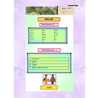 இ த ழ் 4 0
பக்கம் 17
வினடகள்
கமாழி விணளயாட்டு - 1
கமாழி விணளயாட்டு - 2
முற்றும்
மரம்
ஈரம்
கரம்
ஈட்டி
கட்டி
அகம்
சுரம்
சுகம்
ஈ
மடி
கரடி
கடி
கரகம்
அரம்
அடி
1. ளபசுளவாம்
2. இனிய
3. தமிழில்
இனிய தமிழில் ளபசுளவாம்
 