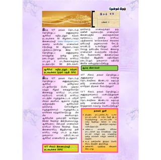 இந் 10’T கவல் த ொடர்புத்
த ொழில்நுட்ப அணுகுமுறை
ஆசிரியர் வழி டத்தும் கற்ைல்
டவடிக்றக 50 விழுக்கொடொகவும்
இறணயம்வழி (www.10tsigaram.com)
அகன்ை வொசிப்பில் ொணவர்கள்
ஈடுபடுவது 50 விழுக்கொடொகவும்
பகுக்கப்பட்டுள்ளது. இந் 10’T
த ொழில்நுட்ப அணுகுமுறை
வொைத்துக்கு மூன்று முறை
றடதபறும். ஒவ்தவொரு வொசிப்புப்
பொடமும் 3 பொடமவறளகளுக்கு
டத் ப்படும் (90 நிமிடங்கள்).
இந் 10’T கவல் த ொடர்புத்
த ொழில்நுட்ப அணுகுமுறைறய
ஆசிரியர் மிமழொறச
பொடநூமலொடும் தபரிய புத் கம்
ற்றும் சிறுவர் கற நூமலொடும்
இறணத்து வொசிப்புப் பொட ொகக்
கற்பிப்பொர். வொய்விட்டு வொசிப்புப்
பொடத்தில் எழுத்துக்கூட்டல் பயிற்சி
மிகவும் அவசியம். ஆ லொல் எழுத்து
அறிமுகத்தில் ஆசிரியர்கள்
ஒவ்தவொரு தசொல்லிலுள்ள
எழுத்துகறளயும் எழுத்துக்கூட்டி
வொசிக்கக் கற்றுக்தகொடுப்பது மிக
மிக அவசிய ொகும்.
ஆசிரியரின் முன் ொதிரி வொசித் ல்
(Model Reading) இன்றியற யொ து.
ஆசிரியறைப் பின்பற்றி ொணவர்கள்
வொசிப்பர் (Chorus Reading). பிைகு,
இறணவொசிப்பு; இறுதியொகத் னி
வொசிப்பு என்று பொடம் டக்கும்.
முறைசொைொ திப்பீட்றடயும்
ஆசிரியர் ொணவமைொடு டத்துவொர்.
ஒவ்தவொரு ொணவருக்கும் ஒரு
கணினி வழங்கப்படும். ொணவர்கள்
இறணயத்தில் அவர்களுக்தகன
வழங்கப்பட்ட அகன்ை வொசிப்புப்
பகுதிகறளக் ‘கொதைௌக்றக’ (Karaoke)
ஒலிப்புவழி முழுற யொகக் மகட்டு,
வொய்விட்டு உச்சரித்துப் பயிற்சி
தசய்து ஒலிப்பதிவு தசய்வர். இவ்வொறு
ொணவர்கள் சுயகற்ைலில் ஈடுபடுவர்.
சில மவறளகளில் இறணயொகவும்
ஈடுபடுவர். இறுதியில் திப்பிடு ல்
றடதபறும். முறைசொைொ திப்பீடு
இங்மக வலியுறுத் ப்படுகிைது.
10’T சிகைம், கவல் த ொழில்நுட்ப
அணுகுமுறை’ எவ்வொறு
த ொடக்கநிறல இைண்டொம் வகுப்புத்
மிழ் ொணவர்களின் வொய்விட்டு
வொசித் ல் திைறன ம ம்படுத்தும்?
10’T சிகைம், கவல் த ொழில்நுட்ப
அணுகுமுறைறயப் பயன்படுத்துவ ன்
மூலம் வொசிப்புப் பொடத்தில்
த ொடக்கநிறல இைண்டொம் வகுப்புத்
மிழ் ொணவர்களின் ஈடுபொடு
(Engagement) எவ்வொறு தவளிப்படுகிைது?
இ த ழ் 4 0
பக்கம் 3
தகவல் துளி
 திபத்திய நாட்டினரிரடளய உள்ை
நாட்காட்டியில் 13 என்ற ளததி இடம்
தபற்றிருக்காது. நாட்காட்டியில் 12
என்ற ளததிக்குப் பின்னர் 14 என்ற
ளததி இரண்டுநாட்களுக்குப்
பயன்படுத்தப்படும்.
 பண்ரடய காலத்தில் கிளரக்க
நாட்டவர்கள் ஒரு வாரத்திற்குப் பத்து
நாட்கள் என்றும் ஒரு மாதத்திற்கு
மூன்று வாரங்கள் என்றும் கணக்கிட்டு
வந்தனர்.
 கடல் நண்டுகளின் இரத்தம் தவளிர்
சிவப்பு நிறத்தில் இருக்கிறது.
 அன்னாசிப் பழத்திற்கு விரதகள்
கிரடயாது.
ஆசிரியர் வழி டத்தும் கற்ைல்
டவடிக்றக (மு ல் பகுதி- 50%)
10’T சிகைம் இறணயம்வழி
டவடிக்றக (50%)
ஆய்வு வினொக்கள்
 