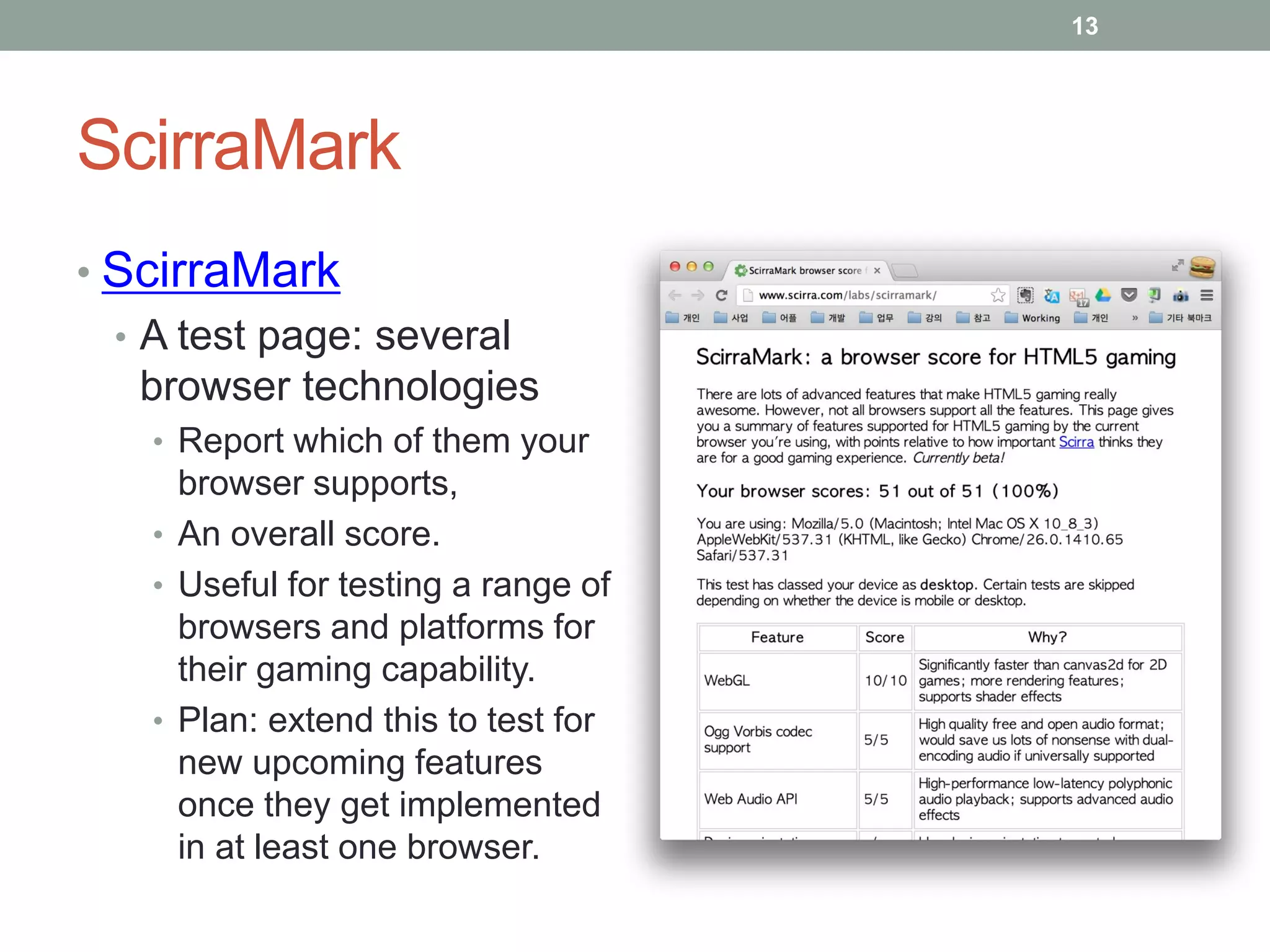 ScirraMark
• ScirraMark
• A test page: several
browser technologies
• Report which of them your
browser supports,
• An overall score.
• Useful for testing a range of
browsers and platforms for
their gaming capability.
• Plan: extend this to test for
new upcoming features
once they get implemented
in at least one browser.
13
 