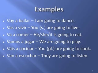  Voy a bailar – I am going to dance.
 Vas a vivir – You (s.) are going to live.
 Va a comer – He/she/it is going to eat.
 Vamos a jugar – We are going to play.
 Vais a cocinar – You (pl.) are going to cook.
 Van a escuchar – They are going to listen.
6
 