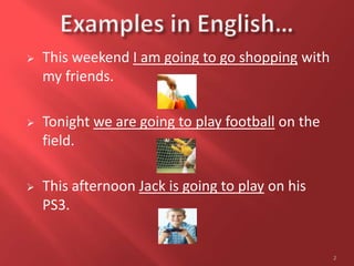  This weekend I am going to go shopping with
my friends.
 Tonight we are going to play football on the
field.
 This afternoon Jack is going to play on his
PS3.
2
 