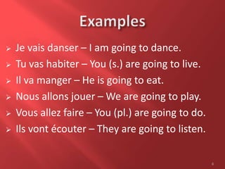  Je vais danser – I am going to dance.
 Tu vas habiter – You (s.) are going to live.
 Il va manger – He is going to eat.
 Nous allons jouer – We are going to play.
 Vous allez faire – You (pl.) are going to do.
 Ils vont écouter – They are going to listen.
6
 