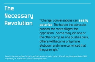 The
Necessary
                                             “(Change) conversations can easily
Revolution                                   polarize. The harder the advocate
                                             pushes, the more diligent the
                                             opposition... Some may join one or
                                             the other camp. As one pushes back,
                                             others will become only more
                                             stubborn and more convinced that
                                             they are right.”
Based on the book by Peter Senge, Vryan Smith, Nina Kruschwitz, Joe Laur & Sara Schley (Broadway Books 2008)
Prepared by: Dr. Ricardo Sosa (sosa.ricardo@gmail.com)
 
