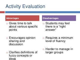 Activity Evaluation
 Gives time to talk
about various specific
points
 Encourages opinion
sharing and
discussion
 Clarifies definitions of
fuzzy concepts or
ideas
 Students may feel
there is a “right
answer”
 Requires a minimum
level of fluency
 Harder to manage in
larger groups
Advantages Disadvantages
 