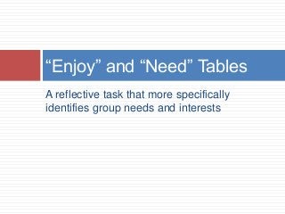 A reflective task that more specifically
identifies group needs and interests
“Enjoy” and “Need” Tables
 