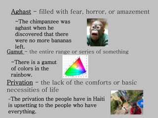 Aghast - filled with fear, horror, or amazement
-The chimpanzee was
aghast when he
discovered that there
were no more bananas
left.
Gamut - the entire range or series of something
-There is a gamut
of colors in the
rainbow.
Privation - the lack of the comforts or basic
necessities of life
-The privation the people have in Haiti
is upsetting to the people who have
everything.
 