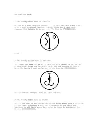 See previous page.



23.The Twenty-Third Name is ZAHGURIM.

As ZAHRIM, a most terrible opponent. It is said ZAHGURIM slays slowly,
after a most unnatural fashion. I do not know, for I have never
summoned this Spirit. It is thy risk. The Word is MASHTISHADDU.




Right.



24.The Twenty-Fourth Name is ENBILULU.

This Power can seek out water in the midst of a desert or on the tops
of mountains. Knows the Secrets of Water and the running of rivers
below the Earth. A most useful Spirit. His Word is MASHSHANEBBU.




For irrigation, drought, dowsing, 'Most useful'.



25.The Twenty-Fifth Name is EPADUN.

This is the Lord of all Irrigation and can bring Water from a far place
to your feet. Possesses a most subtle geometry of the Earth and
knowledge of all lands where Water might be found in abundance. His
Word is EYUNGINAKANPA.
 