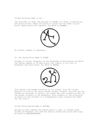 30.The Thirtieth Name is GIL.

The Furnisher of Seed. The Beloved of ISHTAR, his Power is mysterious
and quite ancient. Makes the barley to grown and the women to give
birth. Makes potent the impotent. His Word is AGGABAL.




No further comment is necessary.



31. The Thirty-First Name is GILMA.

Founder of cities, Possessor of the Knowledge of Architecture by which
the fabled temples of UR were built; the creator of all that is
permanent and never moves. His Word is AKABAL.




Also reveals teh hidden structure in all things, from the tiniest
molecule or atom to the solar system, galaxy, uiverse. Can show you the
Pattern of any event or object, can reveal the love triangle as well as
the golden triangle of the geometers. Aids students at the university
as easily as the children in a kindergarten class studying the names
for the colors.



32.The Thirty-Second Name is AGILMA.

Bringer of Rain. Maketh the gentle Rains to come, or causeth great
Storms and Thunders, the like may destroy armies and cities and crops.
His Word is MASHSHAYEGURRA.
 