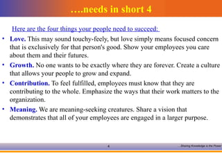 4 needs in short.… Here are the four things your people need to succeed:  Love.  This may sound touchy-feely, but love simply means focused concern that is exclusively for that person's good. Show your employees you care about them and their futures. Growth.  No one wants to be exactly where they are forever. Create a culture that allows your people to grow and expand. Contribution.  To feel fulfilled, employees must know that they are contributing to the whole. Emphasize the ways that their work matters to the organization. Meaning.  We are meaning-seeking creatures. Share a vision that demonstrates that all of your employees are engaged in a larger purpose. 