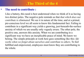 The Third of the 4. The need to contribute : Like a battery, this need is best understood when we think of it as having two distinct poles. The negative pole reminds us that  that which does not contribute is eliminated . We see it in nature all the time, and at a primal, pre-conscious level we all seem to know this fundamental fact. Failing to contribute in a significant way yields a gnawing, just-beneath-the-surface anxiety of which we are usually only vaguely aware. The other pole, the positive one, answers this anxiety. When we are contributing in a significant way we have an inexplicable peace of mind. We know we belong. The simple principle at work here goes something like this:  life works when we forget about ourselves and contribute to others . To feel fulfilled and empowered, employees must know they are contributing to the whole. 